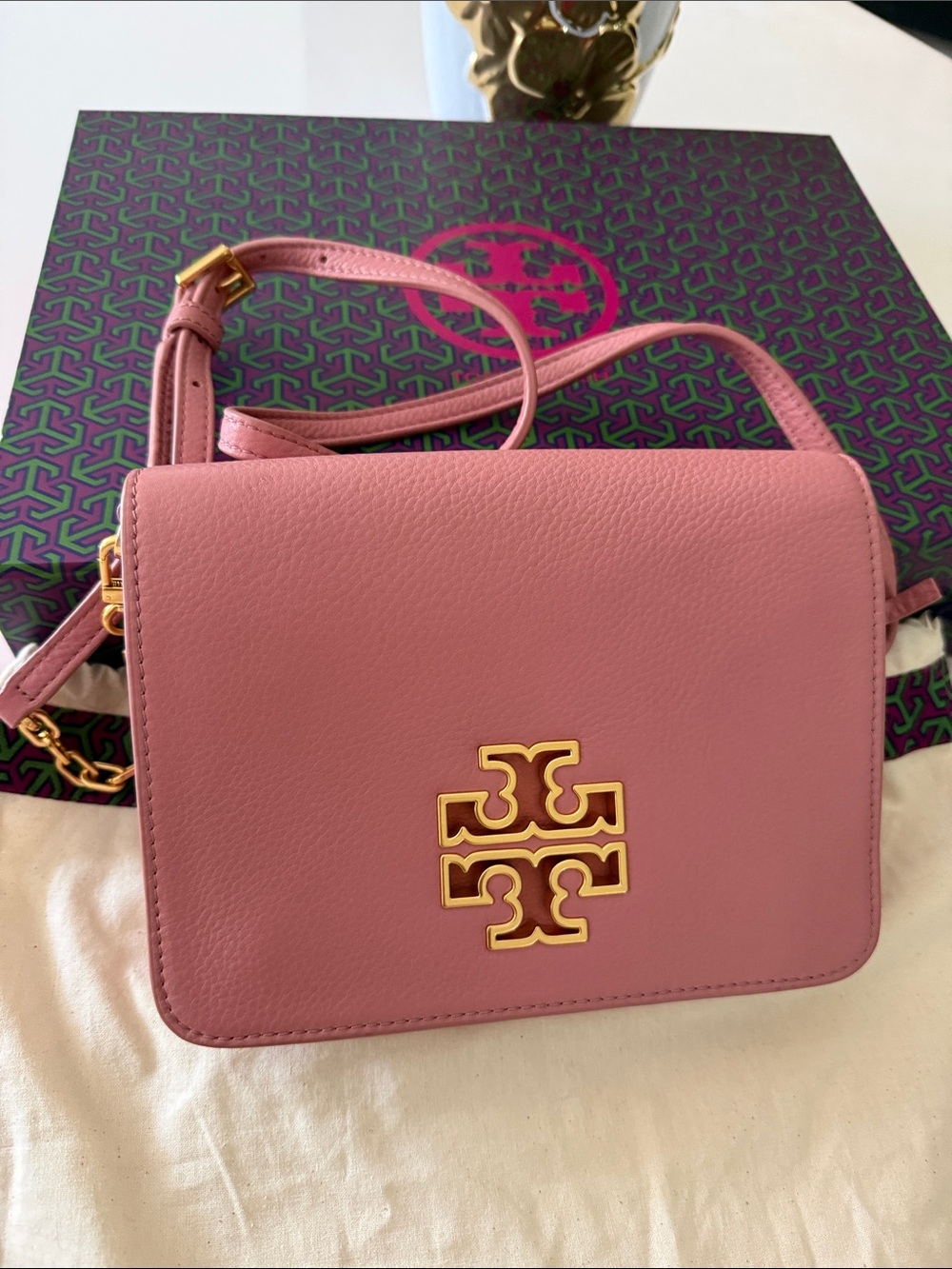 Tory Burch Rose Pink Leather Logo Crossbody Bag with Gold Hardware